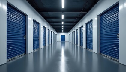 Modern self-storage facility hallway featuring rows of dark blue closed shutter doors along white walls, polished grey floor. Clean, sleek interior design. Units offer secure, accessible, organized
