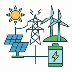 Fototapeta premium Flat line art illustration of a renewable energy grid with solar panels, wind turbines, a pylon, and battery storage.