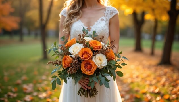 Bride in elegant white dress holds vibrant autumn wedding bouquet with orange, yellow roses in park. Soft sunlight filters through fall foliage creating romantic atmosphere for marriage celebration,