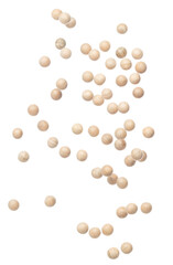 Wooden mini ball fly explosion, Sphere mini balls float explode, abstract cloud fly. Wooden mini sphere balls splash throwing in Air. White background Isolated