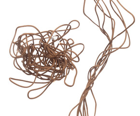 Tangle Mess Complicated Climbing Rope roll fly in air. Strong safety climbing rope for sport mountain hobby, need safety gear to lock hold weight of climber rope. White background isolated