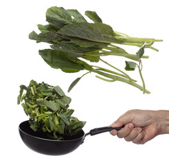 Kale fly fall in pan, green fresh vegetable chinese kale cut chop slice. Organic fresh vegetable...