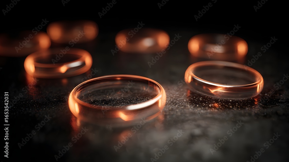 Poster Multiple glowing, translucent rings rest on a dark, textured surface, creating a mesmerizing visual display.