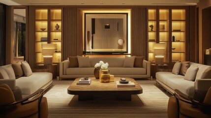A modern, elegantly designed living room featuring warm lighting, stylish furniture, and decorative elements on shelves.