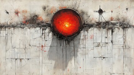 Abstract composition with red orb over textured wall, conveying a post apocalyptic atmosphere