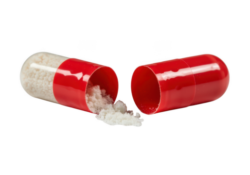 Open red and white capsule with powder isolated on transparent background, representing medicine, health, and pharmaceutical treatment for illness