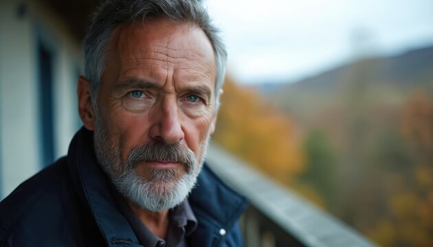 Serious mature man, grey hair and beard, wearing dark jacket. Profile view on balcony with blurred autumn background. Emphasizes experience, contemplation, and natural aging.