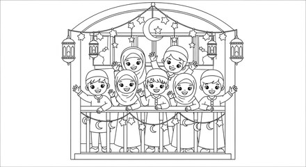 Obraz premium Happy Muslim Children Celebrating Ramadan on Balcony, Line Art Illustration, Festive Mood