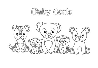 Naklejka premium Adorable Baby Animals Coloring Page: Cute Cartoon Lions and Cubs, Line Art Illustration