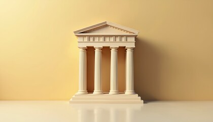 Minimalist architectural structure featuring classic columns, triangular pediment. Clean, geometric design rendered in soft, warm light against plain yellow background. Elegant symmetry, timeless