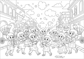 Fototapeta premium Joyful Holi Celebration: Children Playing with Water Guns in a Festive Street Scene, Line Art Illustration