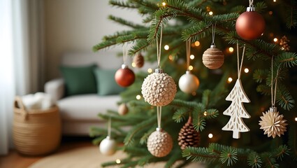 Fototapeta premium Christmas tree with decoration in a living room on a Christmas holiday