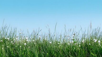 Fototapeta premium Lush green grass and wildflowers border a vibrant cerulean sky.
