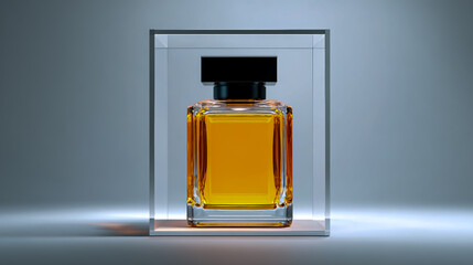 Black and orange color combination, rectangular perfume bottle in a transparent glass box on a white background, front view, mockup style