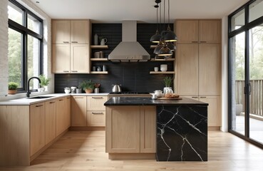 Modern farmhouse kitchen boasts white oak cabinets, black marble island, and open layout. Natural light streams through large windows illuminating clean lines and contemporary appliances.
