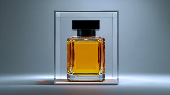 Black and orange color combination, rectangular perfume bottle in a transparent glass box on a white background, front view, mockup style