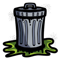 Trash can graffiti with colorful spray paint splashes