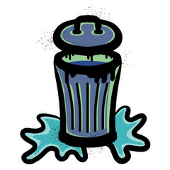 Trash can graffiti with black and colorful spray paint splashes