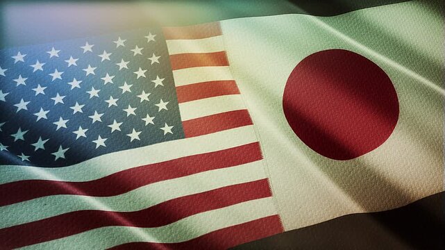 The diagonal and stitched-aligned combined USA and Japan flags are waving in the wind. Concept of Strategic negotiation, national relationship, Conflict, and War. 
