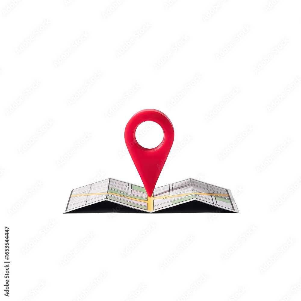 Poster Map location pin navigation travel direction guide marker destination route. Map with red location pin symbolizing navigation travel and direction conveying sense of guidance and destination