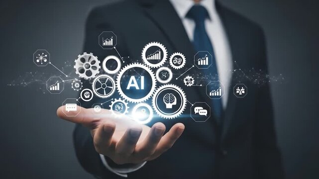 Man presenting AI tech icons, on black, for marketing and informational materials