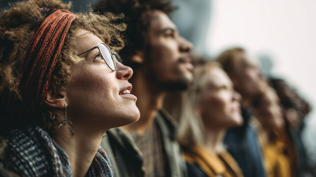 Group Of People Looking Up With Hopeful Expressions