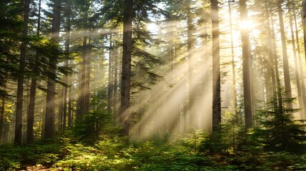 Obraz premium Sunlight streams through a misty forest, illuminating tall trees and vibrant undergrowth.