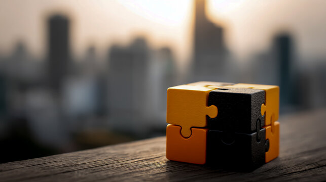 Black and orange puzzle blocks on a blurred city background, representing the concept of business success