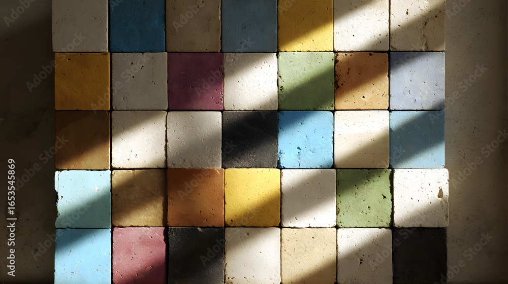 Poster colorful square tiles arranged in a grid pattern, showcasing a variety of hues and light and shadow 
