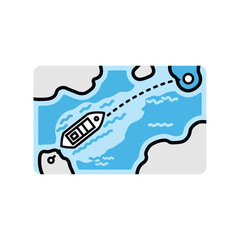 A boat navigates a winding river with a dotted line indicating its path towards a destination.