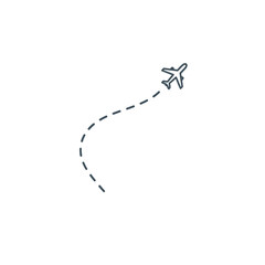 Minimalist line art of an airplane flying along a dashed curved path, symbolizing travel or a journey.