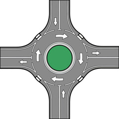 Overhead view of a four-way traffic roundabout with a green central island and clear road markings. © mbak