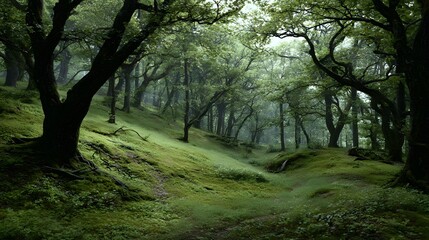 A lush, mossy forest slope, bathed in soft, diffused light, showcases a tranquil and mysterious woodland scene.