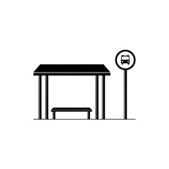 Black and white icon of a bus stop with a shelter, bench, and bus sign.