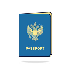 A blue passport with a golden double-headed eagle emblem and the word 'PASSPORT' on the cover, depicted in a flat design style.