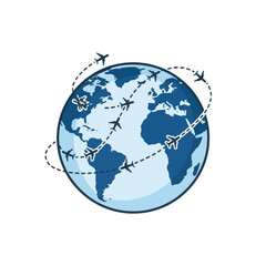 Global travel routes depicted on a world map with airplanes.