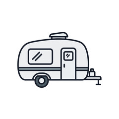 Side view of a simple line art camping trailer illustration.