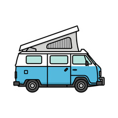 A stylized illustration of a blue and white camper van with its pop-top roof raised, ready for adventure.