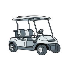 A simple illustration of a white and gray golf cart with a canopy roof and two seats. © mbak