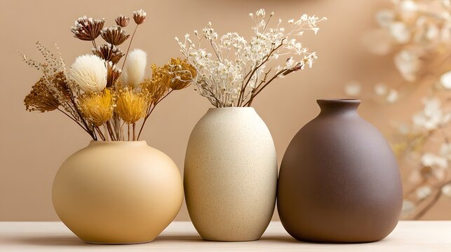 Three stylish ceramic vases with dried flower arrangements, showcasing warm beige, cream, and brown tones, set against a soft, neutral backdrop.