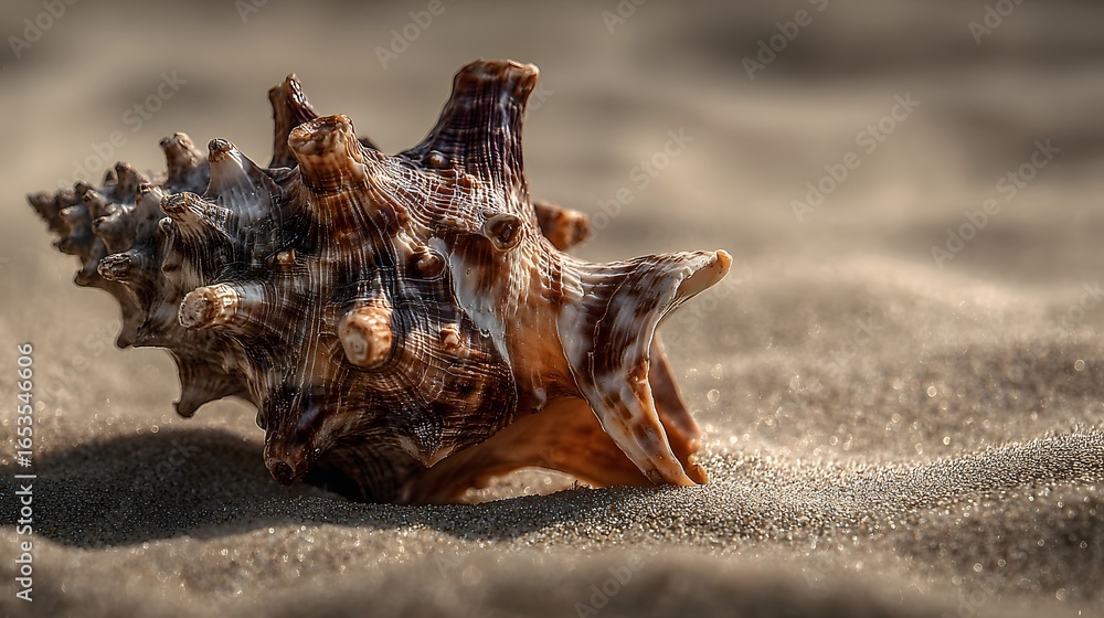 Poster a detailed close-up of a beautiful seashell resting gently on the sandy beach, showcasing intricate 
