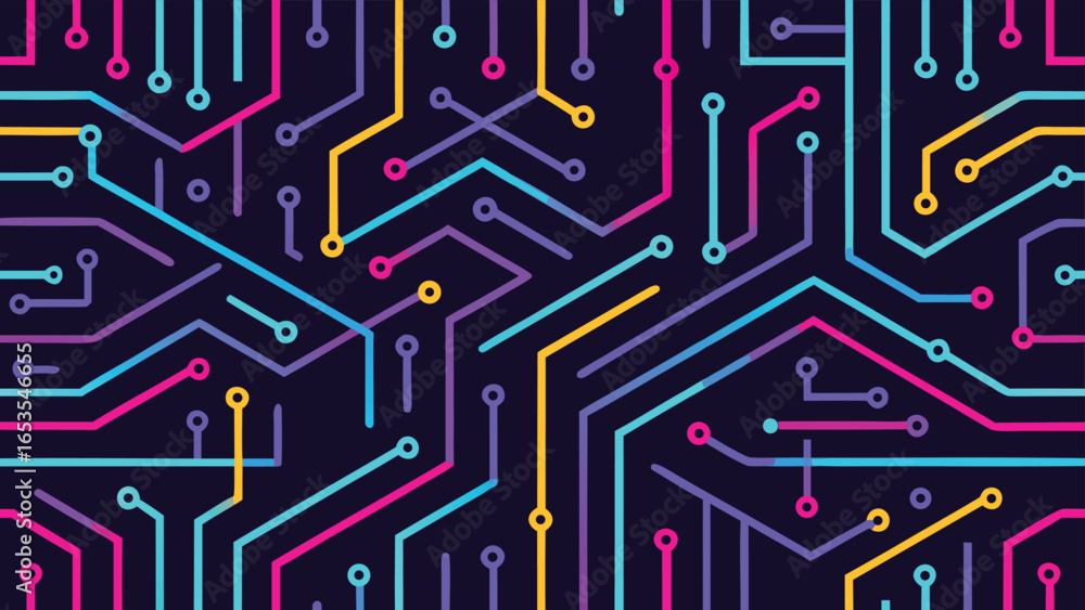 Poster abstract circuit board pattern with neon lines and nodes on dark transparency background technology