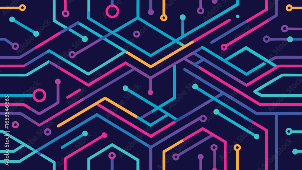 Poster abstract colorful circuit board pattern with interconnected lines and nodes on dark blue transparenc