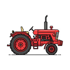 A detailed illustration of a classic red tractor with large rear wheels and a smaller front wheel, set against a white background.