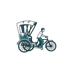 Illustration of a man riding a bicycle rickshaw, a traditional mode of transport.