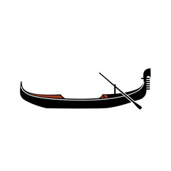 Stylized illustration of a traditional black Venetian gondola with an oar, depicted against a clean white background.