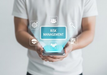 Risk Management and Assessment Strategy Concept. Woman analyzing icons of risk management strategy, planning, compliance, evaluation, prevention, corporate security solutions, finance, and insurance.