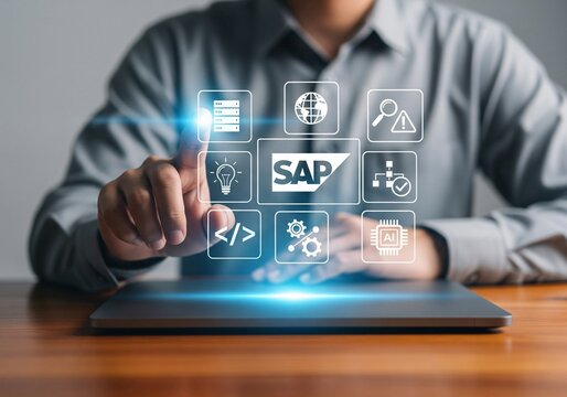 Software concept. SAP software system and enterprise integration. Businesswoman interacts with digital SAP interface on laptop, icons related to cloud computing, analytics, security, and data systems.