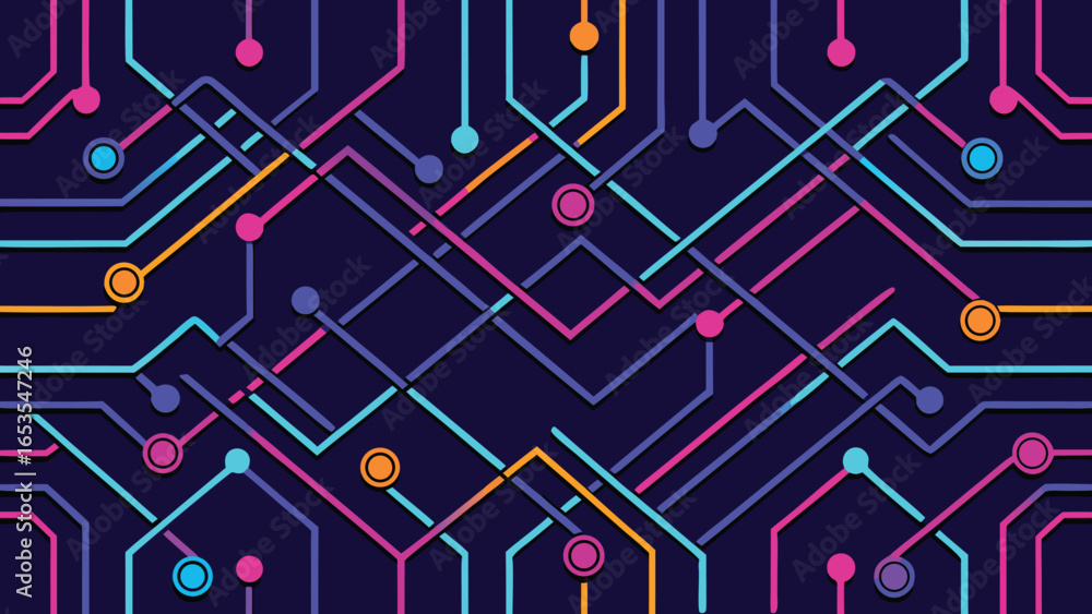 Poster abstract network of colorful lines and circles on dark transparency background technology circuit