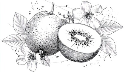 Black and white sketch of a kiwi and halved kiwi surrounded by floral blossoms and foliage